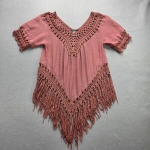 Vivid Importers Boho Crochet Fringe Poncho Top Mauve Pink M Festival EUC
